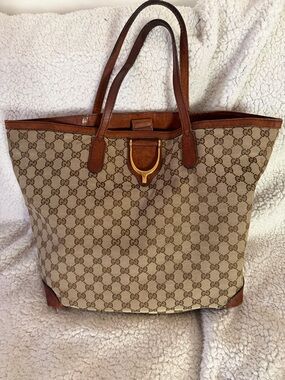 Gucci Beige Brown GG Canvas Tote with Brown Leather Trim
